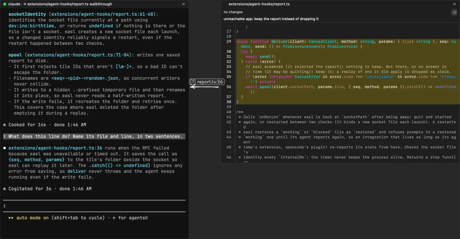 Claude Code in a terminal tile, answering about line 36 of extensions/agent-hooks/report.ts, mentioned from a code tile. A white arrow labelled “[1] report.ts:36” runs from the line to the terminal.