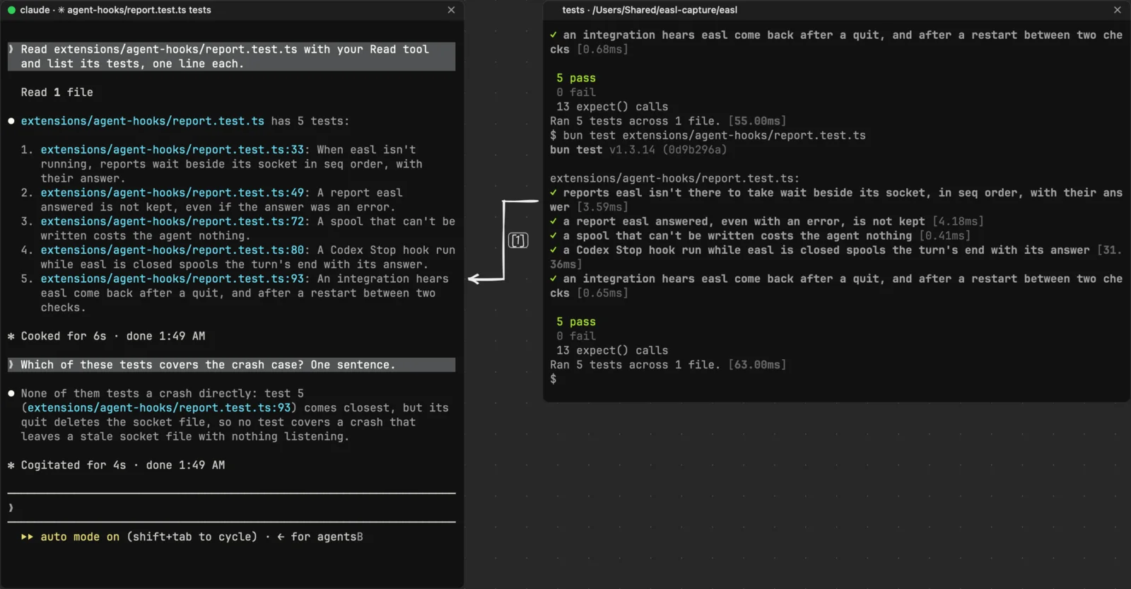 A shell tile that ran bun test extensions/agent-hooks/report.test.ts, its output mentioned to Claude Code in a terminal tile. A white arrow labelled “[1]” runs from the output to the terminal.