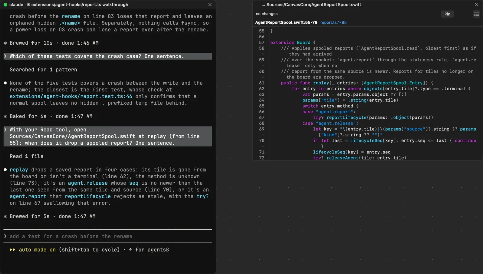 Claude Code’s terminal beside its follow tile: AgentReportSpool.swift from line 55, the lines it last read, with a strip of its earlier reads.