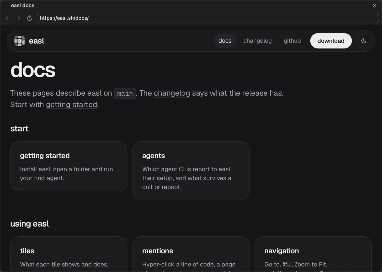 A browser tile on the site’s docs page, with the docs index in a WebKit page.