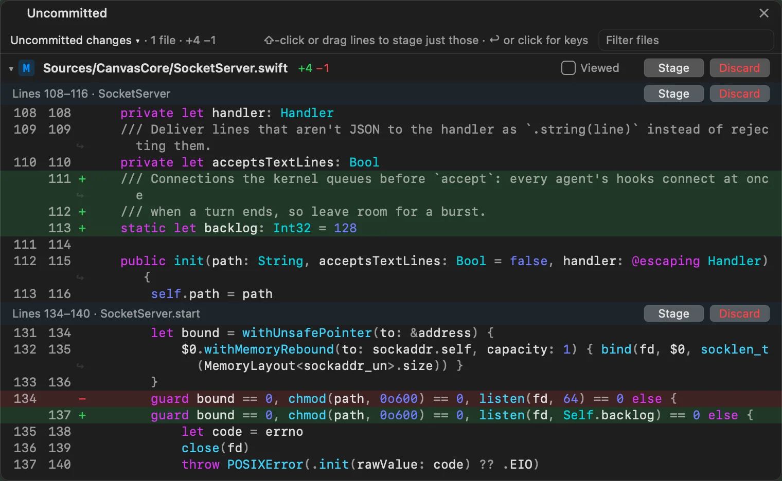 A changes tile reviewing an uncommitted edit to SocketServer.swift, with Stage and Discard buttons on each hunk.