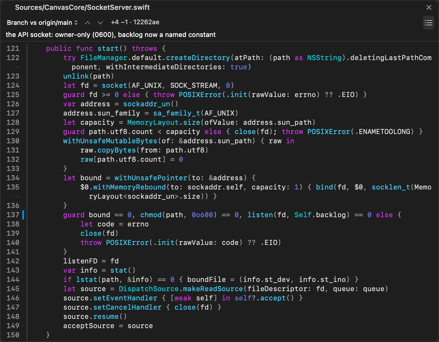 A code tile of SocketServer.start with the git gutter marking an uncommitted edit.