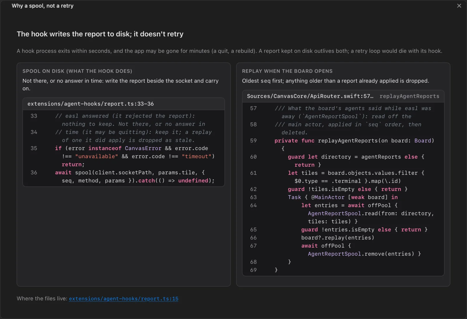 An HTML page tile with two panes of code excerpts from the repository.