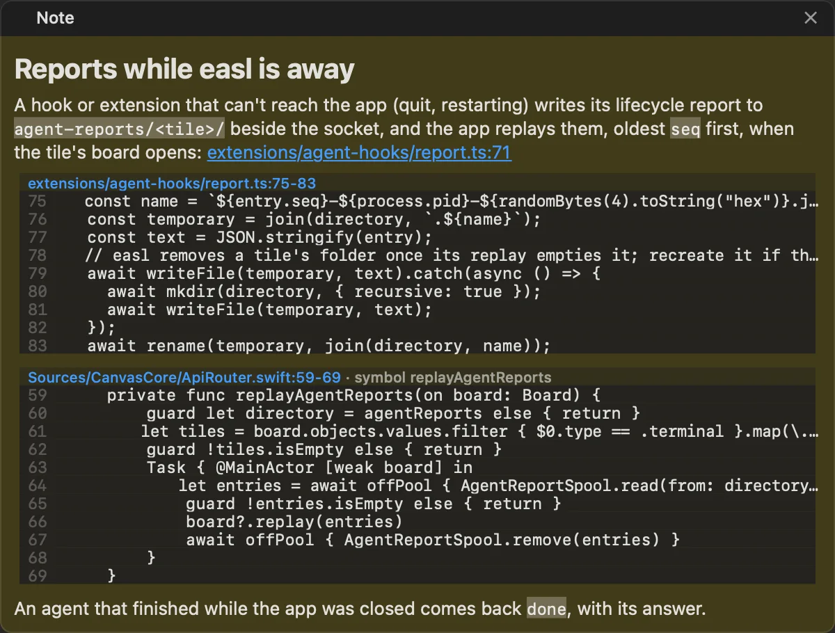A note whose code fences are live excerpts of report.ts and the replayAgentReports symbol, with a link to the file.