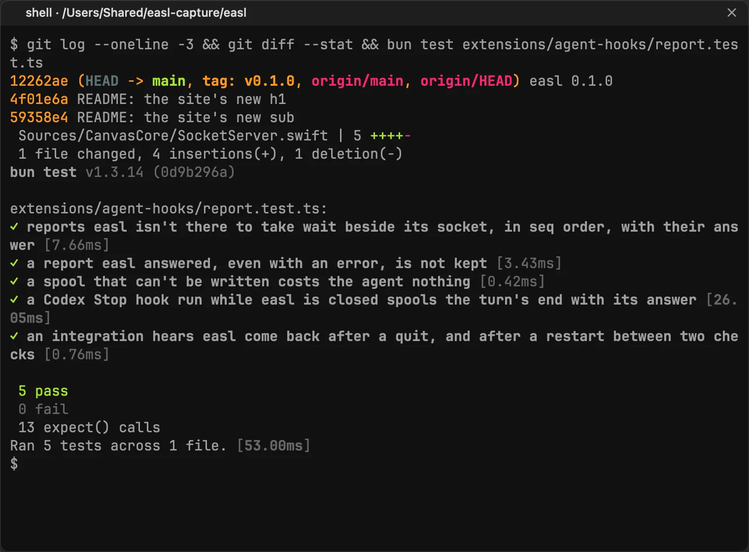A terminal tile on the easl repository showing git log, git diff --stat and the output of bun test.