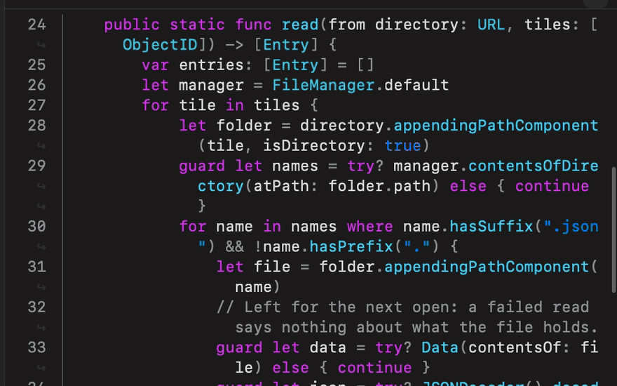 A code tile of AgentReportSpool.swift. Hyper-hovering line 24 outlines it; a Hyper-click puts it in the tray. Claude Code, asked “What did I select? One line.”, answers: “Line 24 of Sources/CanvasCore/AgentReportSpool.swift: the signature of AgentReportSpool.read(from:tiles:), which collects report entries for the given tiles from a directory.”
