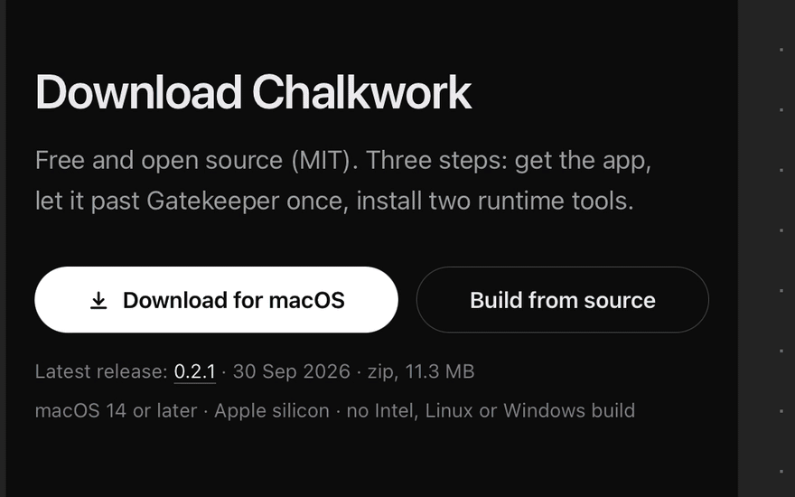 A browser tile on the Download page of a local build of this site. Hyper-hovering the “Download for macOS” button outlines it; a Hyper-click puts it in the tray. Claude Code, asked “What did I select? One line.”, answers: “The first link in the page header, “Download for macOS”, in the browser tile showing 127.0.0.1:4799/download/.”