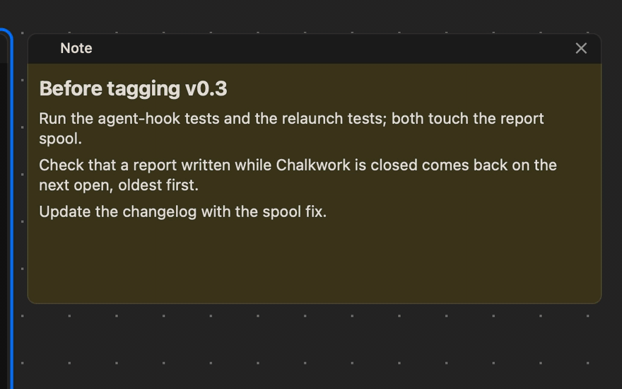 A note titled “Before tagging v0.3”. Hyper-hovering its second paragraph outlines it; a Hyper-click puts it in the tray. Codex, asked “What did I select? One line.”, answers: “You selected: “Check that a report written while Chalkwork is closed comes back on the next open, oldest first.””
