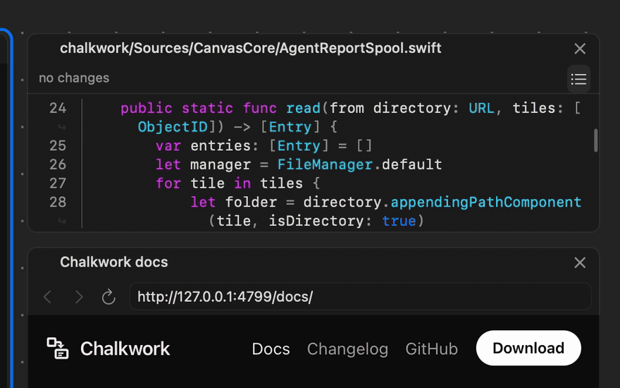 Three Hyper-clicks in a row: line 24 of AgentReportSpool.swift in a code tile, the Download link on a docs page in a browser tile, and a paragraph of a note. Codex, asked “What did I select? One line each.”, lists all three: “1. The AgentReportSpool.read(from:tiles:) declaration in Sources/CanvasCore/AgentReportSpool.swift:24. 2. The “Download” navigation link on http://127.0.0.1:4799/docs/. 3. The “Before tagging v0.3” note paragraph: “Run the agent-hook tests and the relaunch tests; both touch the report spool.””