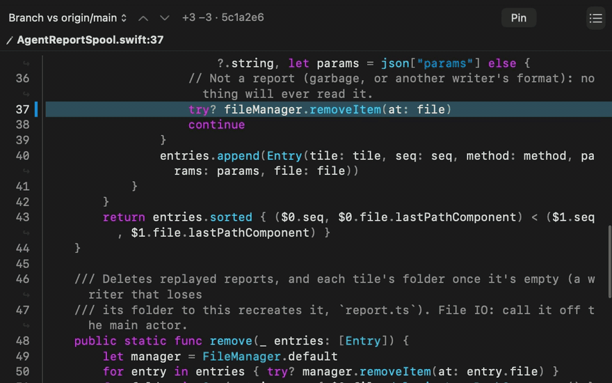 Codex’s follow tile, a code tile of AgentReportSpool.swift compared with origin/main (+3 −3), loads at line 37 and highlights the line it just edited: try? fileManager.removeItem(at: file).